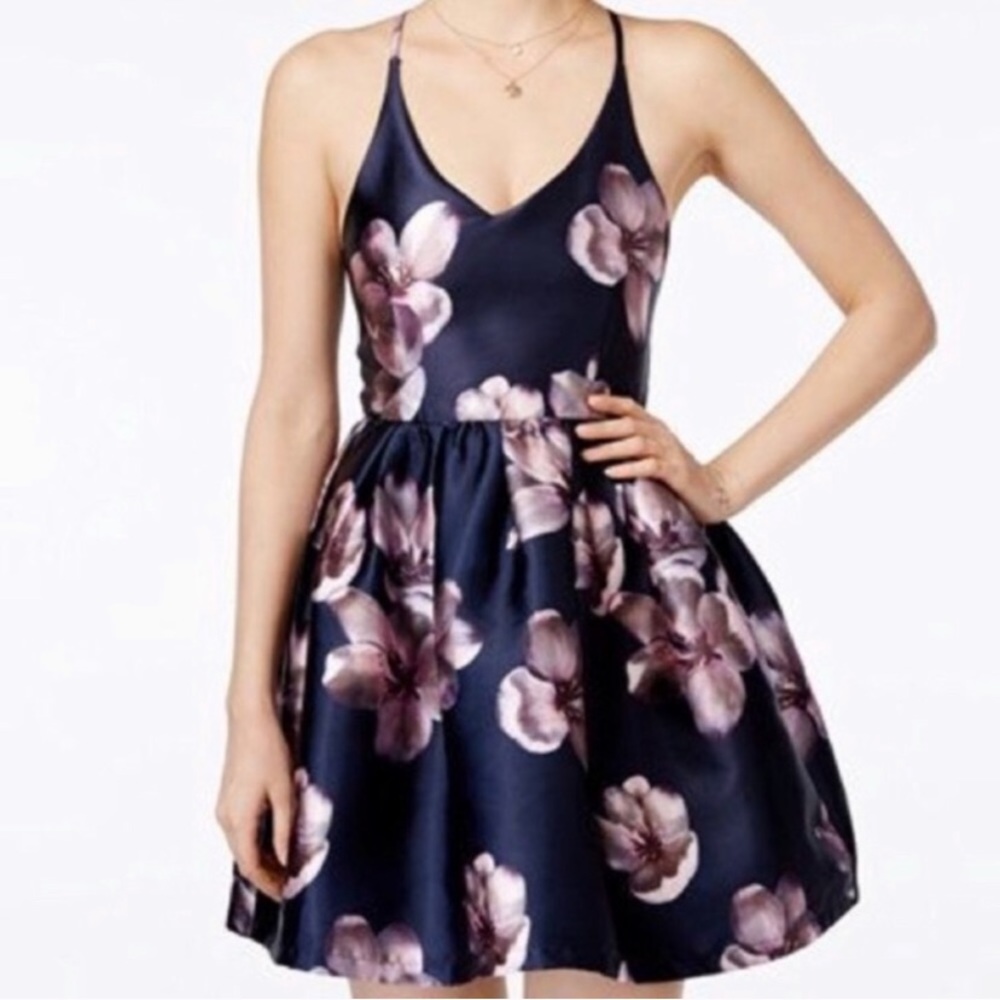 Crystal Doll Navy Purple Pink Floral Skater Dress